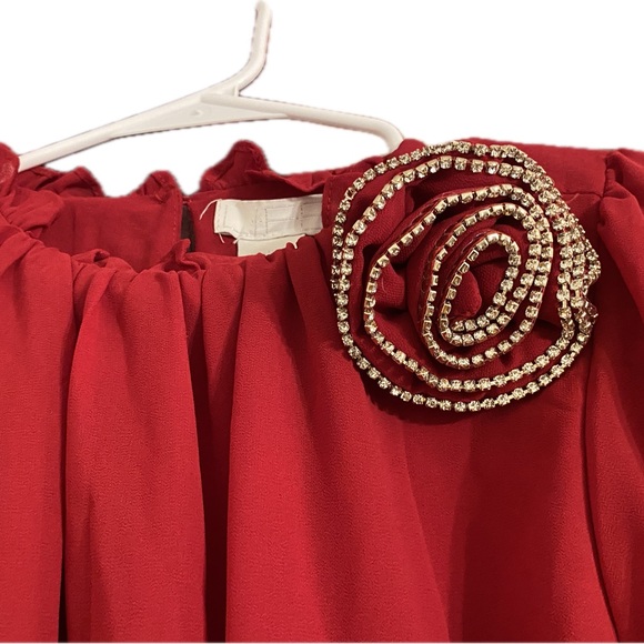 Ruby Red Ruffle-Sleeved Rhinestone Blouse - Picture 3 of 8